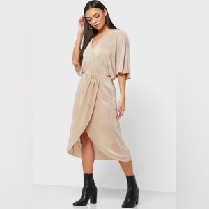 NWT VERO MODA Dagny Metallic Pleated Faux Wrap Dress In Birch/ Gold Shimmer